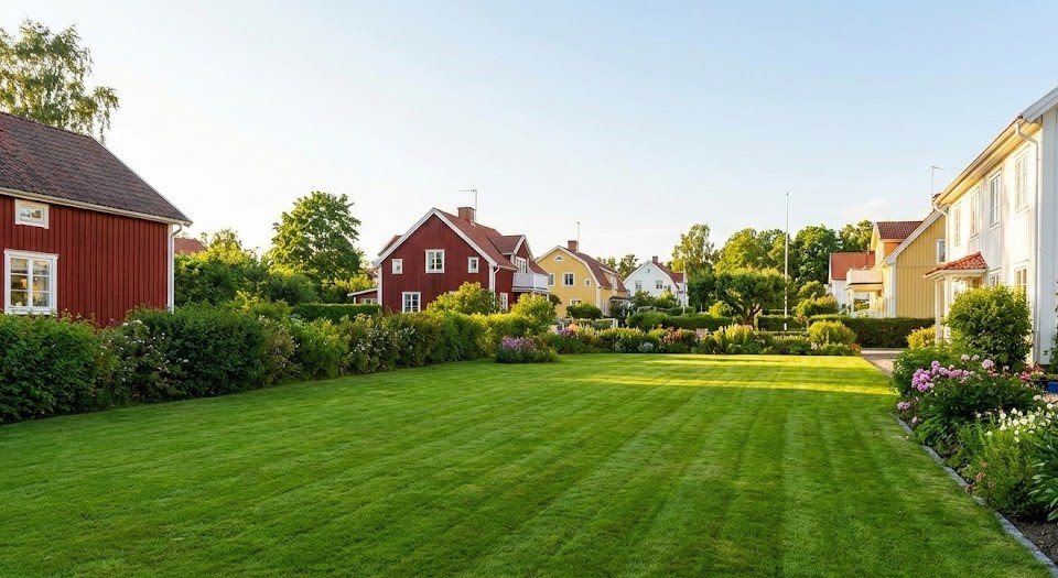 Välskött gräsmatta i villaområde