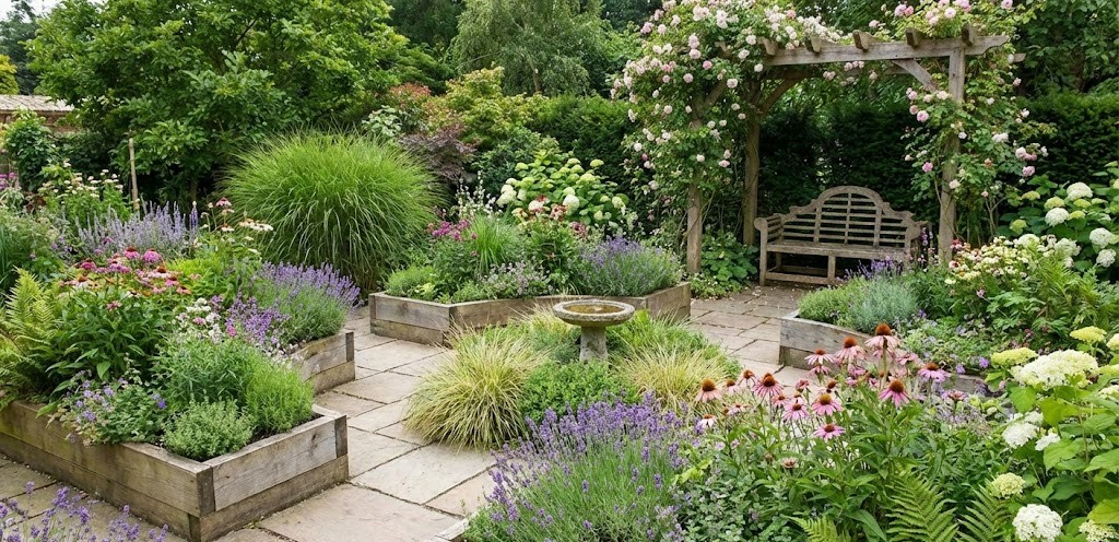 Trädgårdsdesign med planteringar